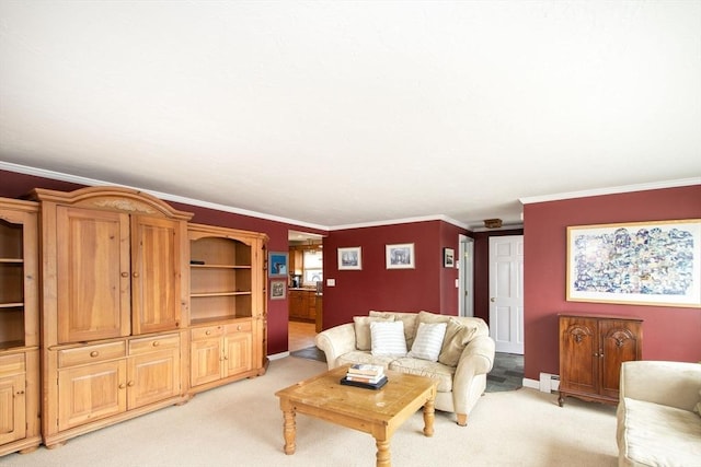 25 11th Rd, Marshfield, MA 02050 - living room featuring light carpet, ornamental molding, a baseboard radiator, and baseboards