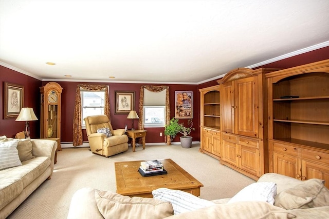 25 11th Rd, Marshfield, MA 02050 - living room with light carpet, baseboard heating, ornamental molding, and baseboards