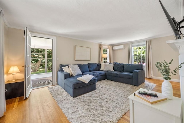 38 Fairmount Rd, Reading, MA 01867 - living room featuring light wood-style floors, an AC wall unit, and crown molding