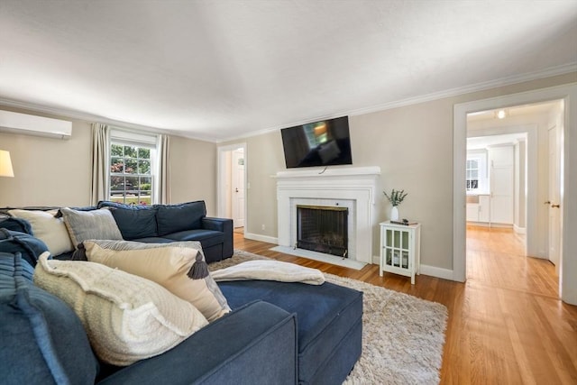 38 Fairmount Rd, Reading, MA 01867 - living room featuring a wall unit AC, a fireplace with flush hearth, light wood finished floors, and crown molding