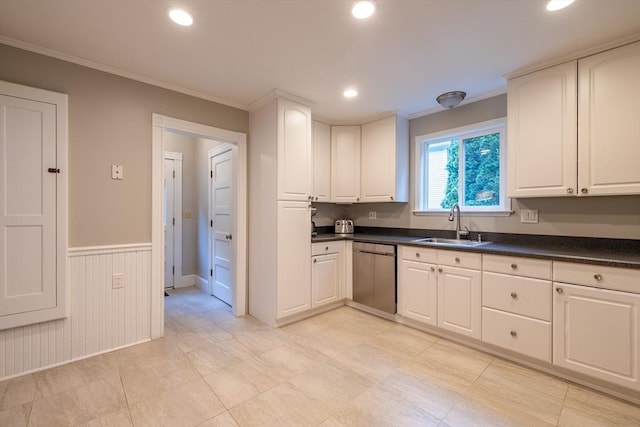 57 Clapp St, Walpole, MA 02081 - kitchen featuring dishwasher, a sink, dark countertops, ornamental molding, and wainscoting