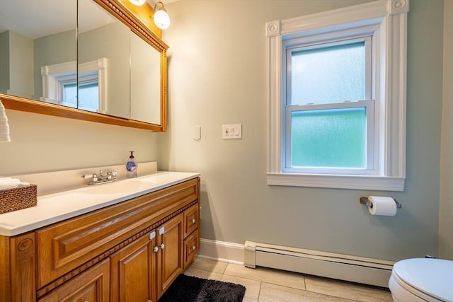 57 Clapp St, Walpole, MA 02081 - bathroom featuring a baseboard radiator, baseboards, vanity, tile patterned floors, and toilet