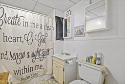 181 W St, Leominster, MA 01453 - bathroom featuring a shower with curtain, a paneled ceiling, vanity, and toilet