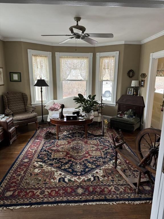 living area with ceiling fan, ornamental molding, and wood finished floors