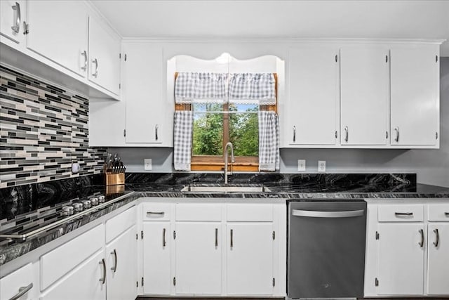 9 Lillian Rd, Acton, MA 01720 - kitchen with dishwasher, a sink, white cabinetry, black electric cooktop, and backsplash