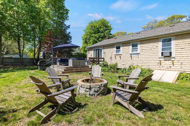 853 Sandwich, Falmouth, MA 02536 - view of yard with an outdoor fire pit, a jacuzzi, and a deck