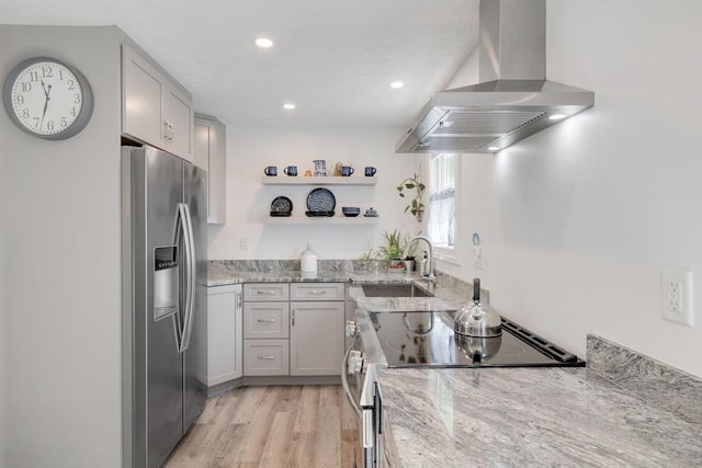 853 Sandwich, Falmouth, MA 02536 - kitchen featuring stainless steel refrigerator with ice dispenser, wall chimney exhaust hood, electric range oven, open shelves, and a sink
