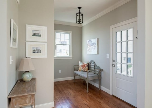 doorway to outside with a wealth of natural light, crown molding, and hardwood / wood-style floors