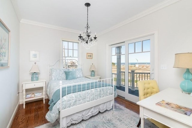 bedroom with crown molding, dark wood-type flooring, multiple windows, and access to outside