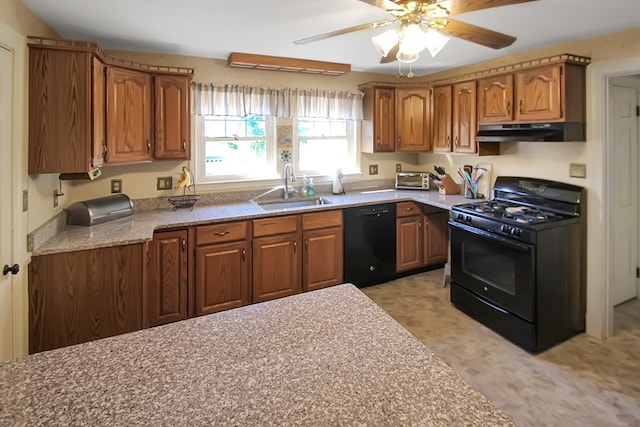 kitchen with ceiling fan, light carpet, black appliances, and sink