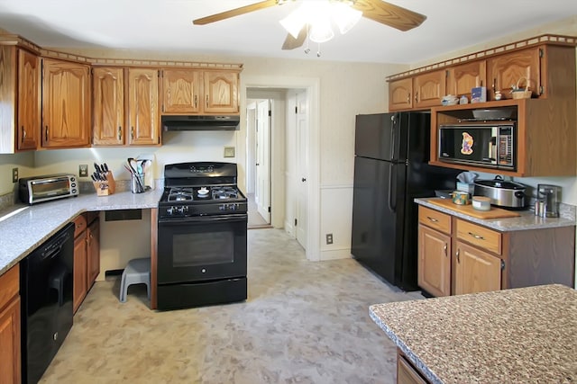 kitchen featuring light colored carpet, black appliances, and ceiling fan