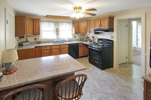 kitchen with ceiling fan, black appliances, and sink