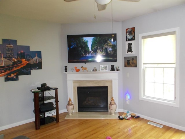38 Stonebridge Dr Unit 38, Hanson, MA 02341 - living area featuring wood finished floors, a ceiling fan, a high end fireplace, and baseboards
