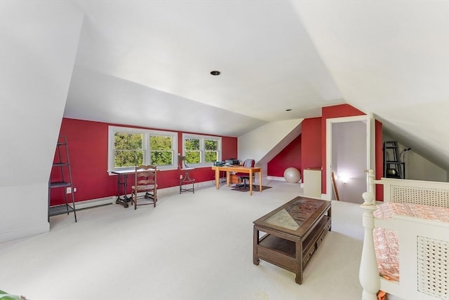 56 Bridle Path, Tisbury, MA 02567 - interior space with carpet, vaulted ceiling, baseboards, and a baseboard heating unit