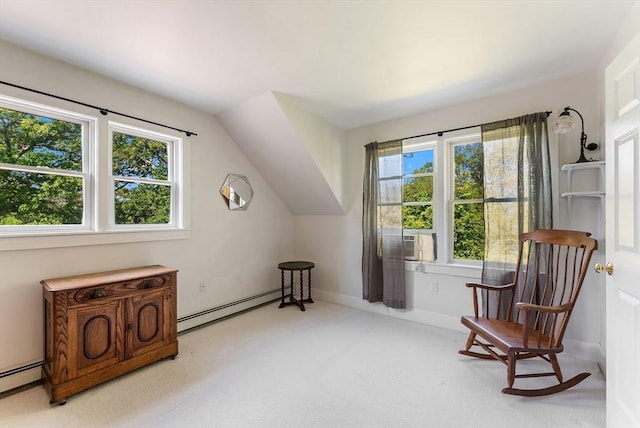 56 Bridle Path, Tisbury, MA 02567 - living area with carpet floors, baseboard heating, cooling unit, and vaulted ceiling
