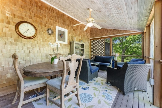 56 Bridle Path, Tisbury, MA 02567 - dining space featuring lofted ceiling, hardwood / wood-style flooring, ceiling fan, and wooden ceiling