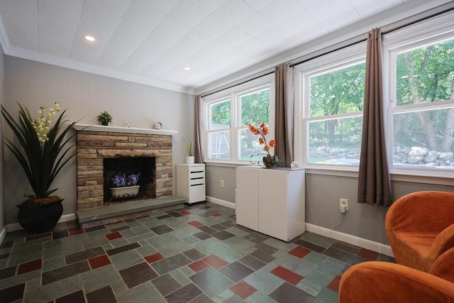 14 Adams Rd, Ashland, MA 01721 - living room featuring a fireplace, recessed lighting, stone finish floors, and ornamental molding