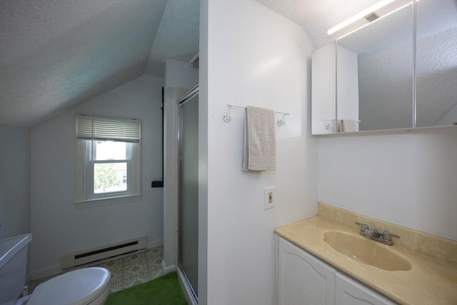 14 Adams Rd, Ashland, MA 01721 - full bathroom with a baseboard radiator, lofted ceiling, a shower stall, vanity, and a textured ceiling
