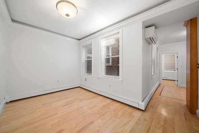 empty room featuring a wall mounted AC, crown molding, light hardwood / wood-style floors, and a baseboard radiator