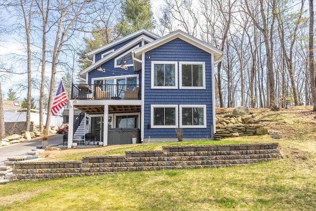 20 Bailey Shr, Hampstead, NH 03841 - view of front of house with a hot tub, a deck, stairway, and a front yard