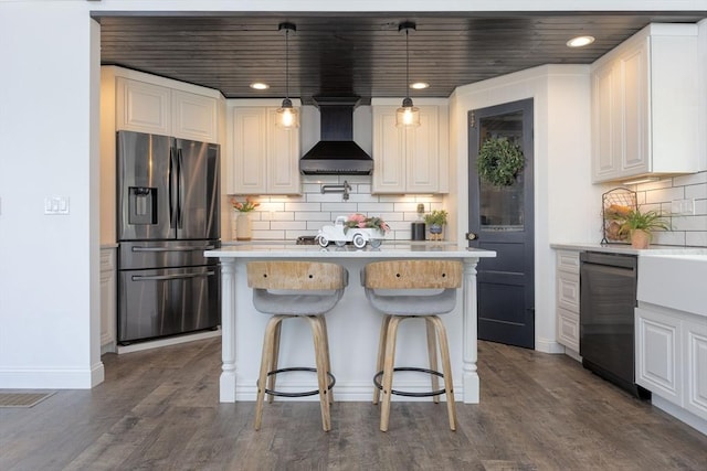 20 Bailey Shr, Hampstead, NH 03841 - kitchen with stainless steel fridge, dishwasher, wall chimney range hood, light countertops, and recessed lighting