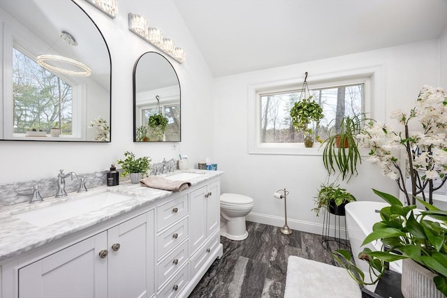 20 Bailey Shr, Hampstead, NH 03841 - bathroom with lofted ceiling, double vanity, a soaking tub, baseboards, and toilet