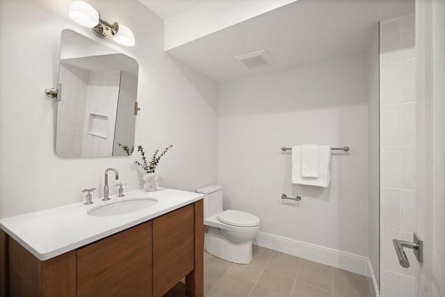 bathroom with tile patterned flooring, visible vents, vanity, toilet, and baseboards