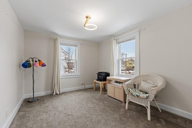 sitting room featuring baseboards, carpet flooring, and a healthy amount of sunlight