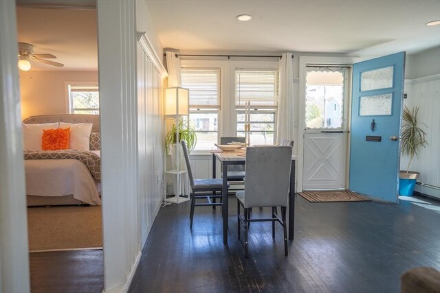 dining room with recessed lighting, ceiling fan, and hardwood / wood-style flooring
