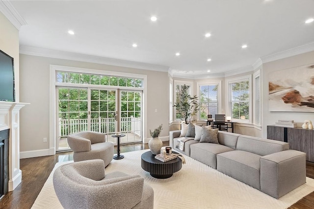 33 Winthrop Unit 1, Brookline, MA 02445 - living room featuring wood finished floors, a fireplace, recessed lighting, baseboards, and crown molding