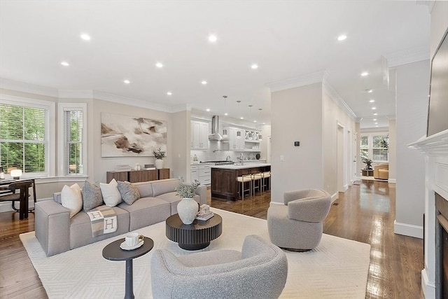 33 Winthrop Unit 1, Brookline, MA 02445 - living area with recessed lighting, a fireplace, dark wood-style flooring, and baseboards