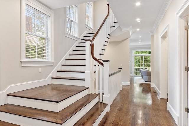 33 Winthrop Unit 1, Brookline, MA 02445 - stairway with wood finished floors, baseboards, recessed lighting, and crown molding