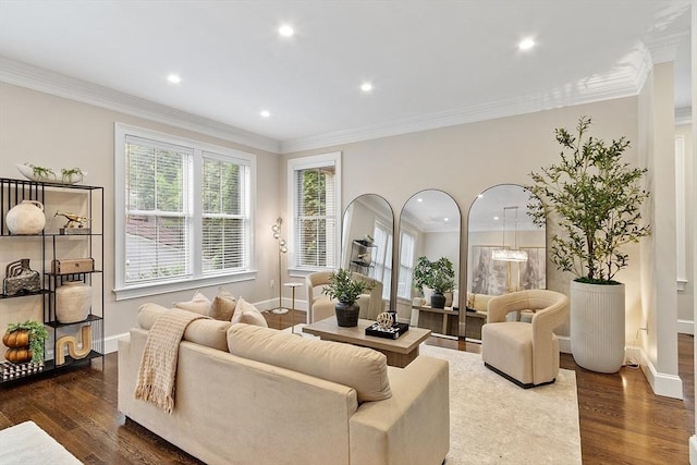 33 Winthrop Unit 1, Brookline, MA 02445 - living area featuring dark wood-style flooring, baseboards, recessed lighting, and crown molding
