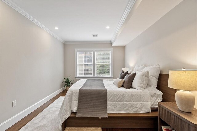 33 Winthrop Unit 1, Brookline, MA 02445 - bedroom featuring baseboards, crown molding, wood finished floors, and recessed lighting