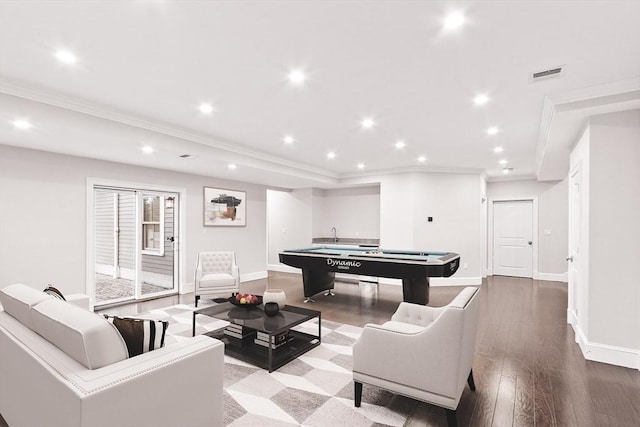 33 Winthrop Unit 1, Brookline, MA 02445 - living area with crown molding, billiards table, recessed lighting, baseboards, and wood finished floors