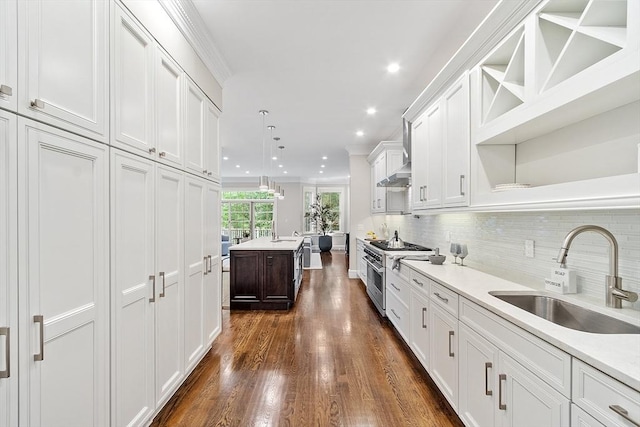 33 Winthrop Unit 1, Brookline, MA 02445 - kitchen with a sink, range with two ovens, white cabinetry, light countertops, and dark wood finished floors