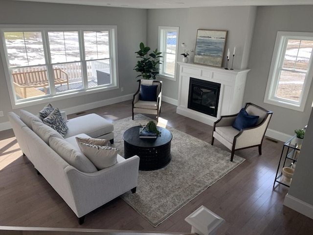 living room featuring dark wood-type flooring