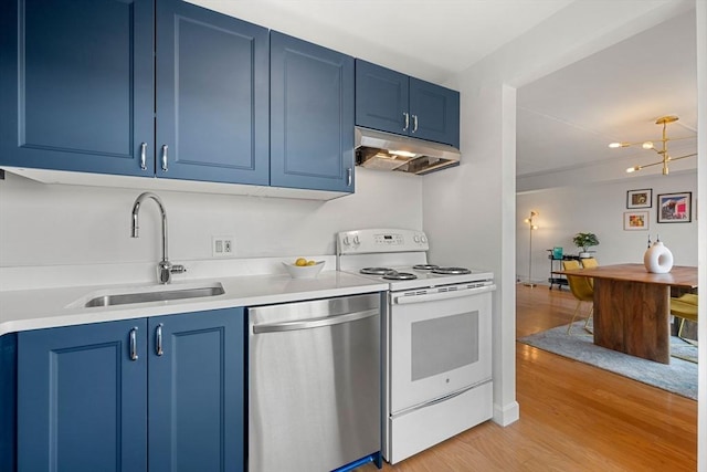 kitchen featuring stainless steel dishwasher, blue cabinets, sink, white electric stove, and light hardwood / wood-style floors