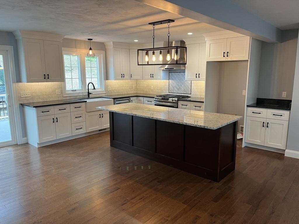 LOT2 N Brookfield Rd, New Braintree, MA 01531 - kitchen with a sink, white cabinetry, stainless steel range with gas cooktop, dark wood-style floors, and recessed lighting