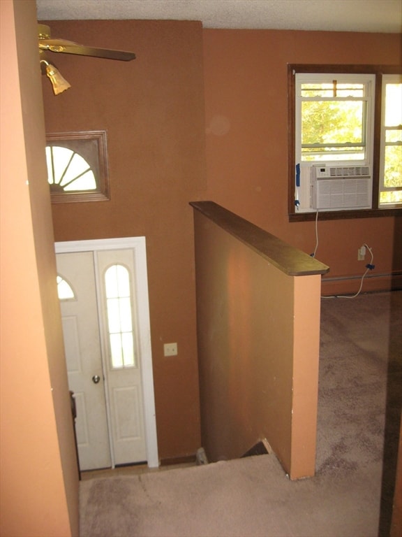 entrance foyer featuring carpet flooring, ceiling fan, and a wealth of natural light