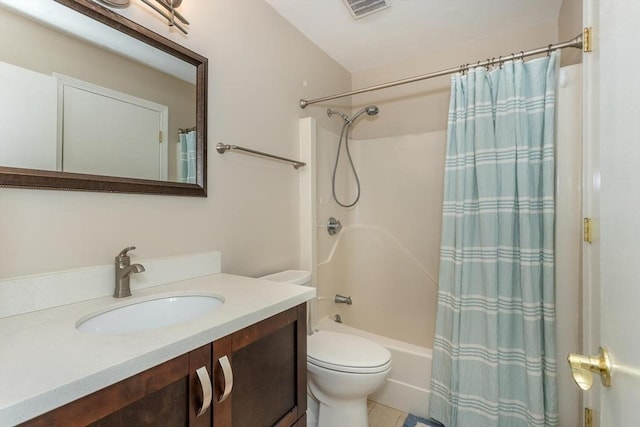 full bath featuring visible vents, toilet, vanity, and shower / bath combo