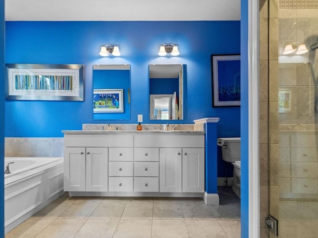 8 Sandstone Dr Unit 8, Medway, MA 02053 - full bathroom with double vanity, a stall shower, a garden tub, tile patterned flooring, and toilet