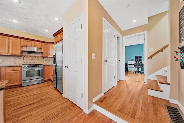 14 Ship Ave Unit 1, Medford, MA 02155 - kitchen with appliances with stainless steel finishes, under cabinet range hood, baseboards, light wood-style floors, and tasteful backsplash