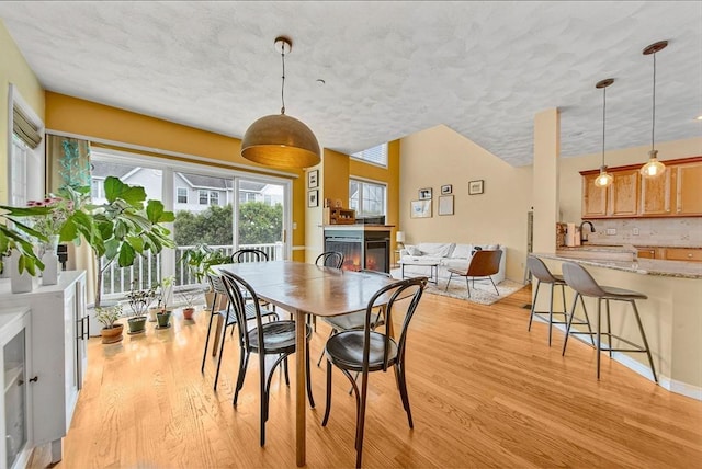 14 Ship Ave Unit 1, Medford, MA 02155 - dining area with a lit fireplace, light wood-style flooring, and a textured ceiling