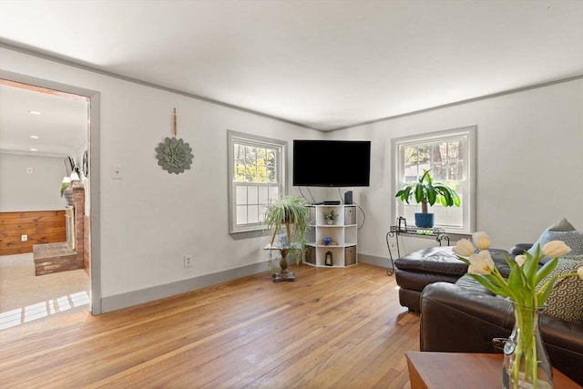 living room with baseboards, plenty of natural light, and light wood finished floors