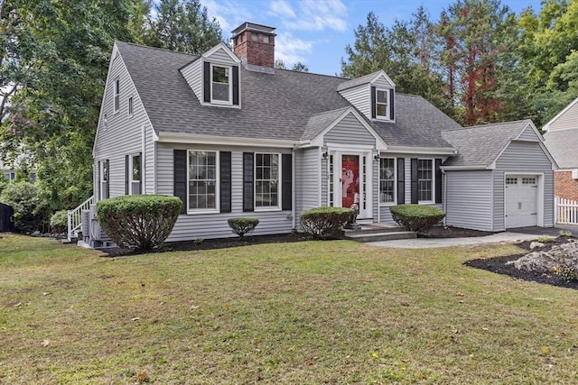 cape cod-style house featuring a garage, a front yard, roof with shingles, and a chimney