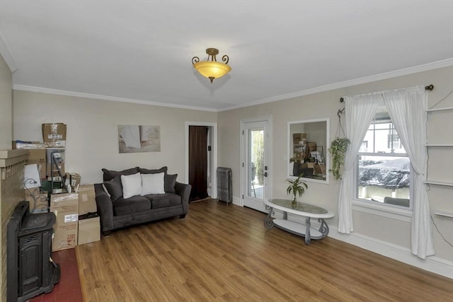 51 Stratford Ter, Springfield, MA 01108 - living area with wood finished floors, a wood stove, crown molding, and plenty of natural light