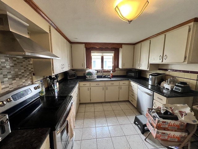 kitchen featuring dishwashing machine, stainless steel range with electric stovetop, dark countertops, and wall chimney range hood