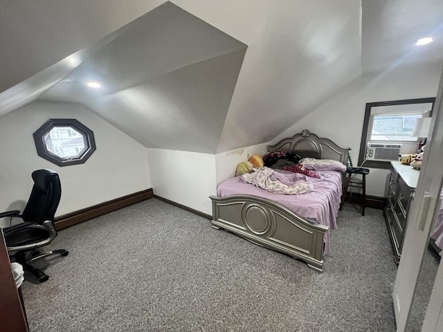 bedroom with lofted ceiling, carpet, cooling unit, and baseboards