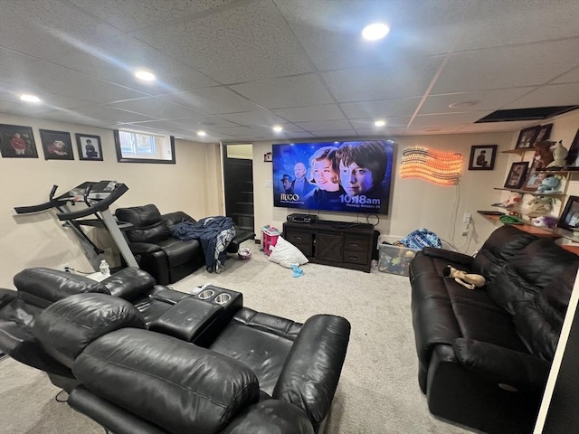 cinema with carpet flooring and recessed lighting